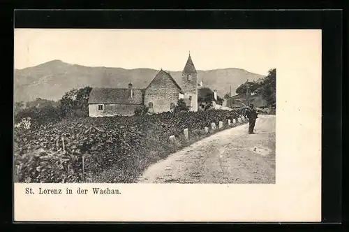 AK St. Lorenz in der Wachau, Strassenpartie mit Mann