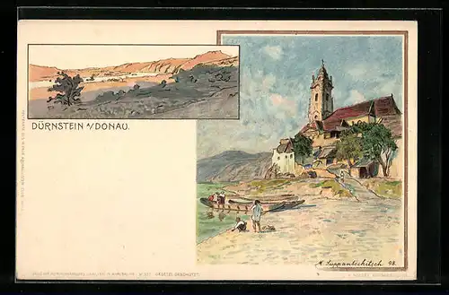 Lithographie Dürnstein a. Donau, Panorama, Kirche in Ufernähe
