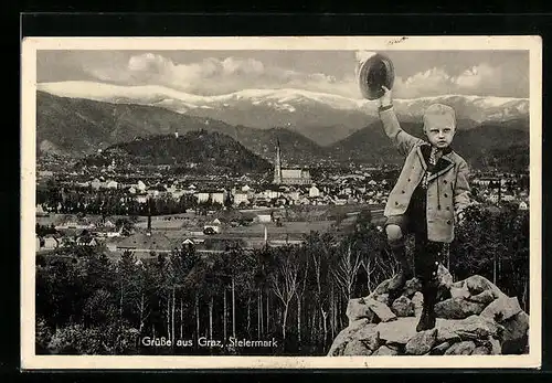 AK Graz, Kleiner blonder Junge vor herrlichem Panorama