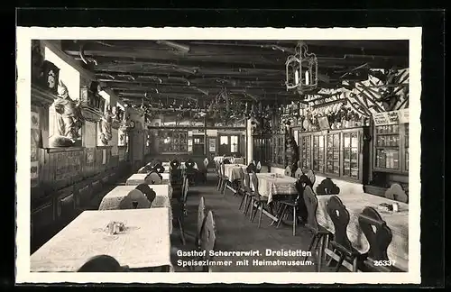 AK Dreistetten, Gasthaus Scherrerwirt, Speisezimmer mit Heimatmuseum