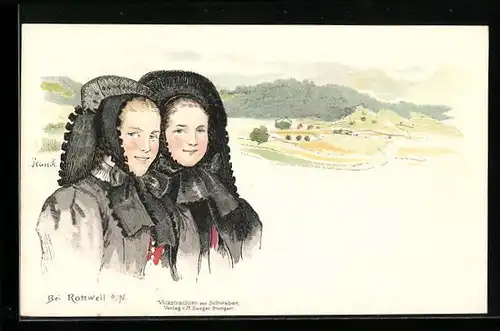 Lithographie Rottweil a. N., Zwei Mädchen in schwäbischer Tracht über Hügellandschaft