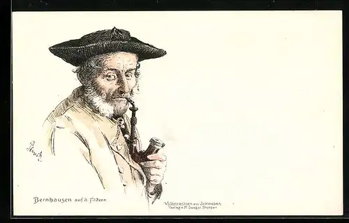 Lithographie Bernhausen auf d. Fildern, Mann mit Pfeife in schwäbischer Tracht