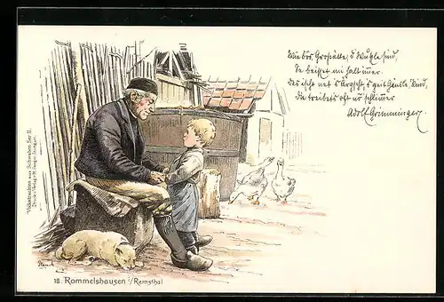 Lithographie Rommelshausen i. Remsthal, Alter Mann und Junge in schwäbischer Tracht