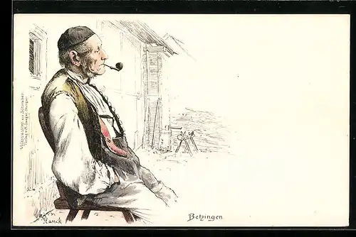 Lithographie Betzingen, Älterer Mann in schwäbischer Tracht mit Tabakspfeife