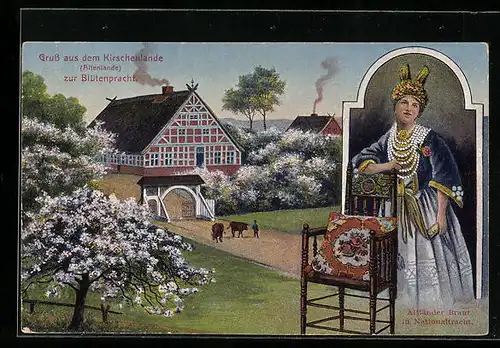 AK Kirschenlande /Altenlande, Altländer Braut in Nationaltracht, Ortspartie