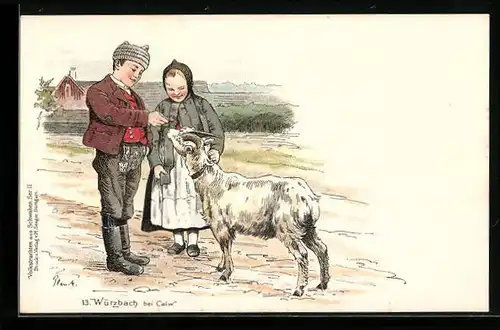 Lithographie Würzbach bei Calw, Kinder in Trachten füttern eine Ziege
