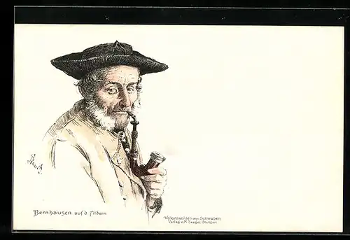 Lithographie Bernhausen auf d. Fildern, Älterer Mann in schwäbischer Tracht mit Tabakspfeife