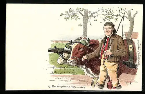 AK Deckenpfronn /Herrenberg, Bauer in schwäbischer Tracht mit Zugochsen