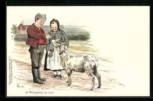 Lithographie Würzbach bei Calw, Kinder in Trachten füttern eine Ziege