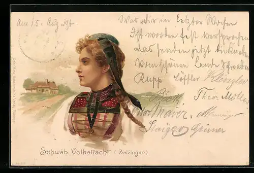 Lithographie Betzingen, Frau in schwäb. Volkstracht