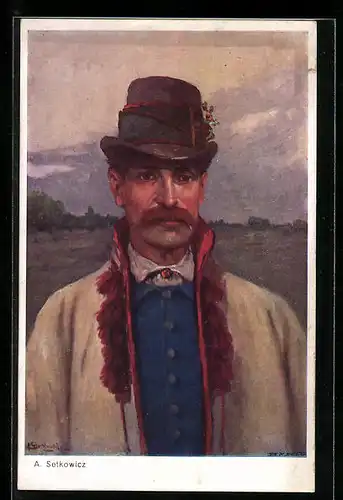 Künstler-AK Polnischer Mann mit Hut auf dem Feld