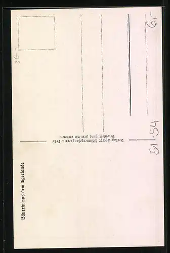 Künstler-AK Egerland, Sudetische Bäuerin in Tracht mit einem Korb stehend in einer Landschaft