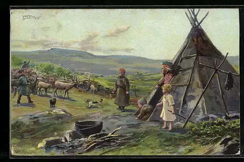 Künstler-AK Lappeleir, Samenzelt und Rentier