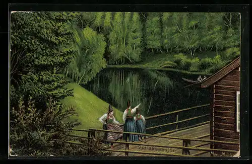 Künstler-AK Schweden, Mädchen in Tracht auf einer Brücke