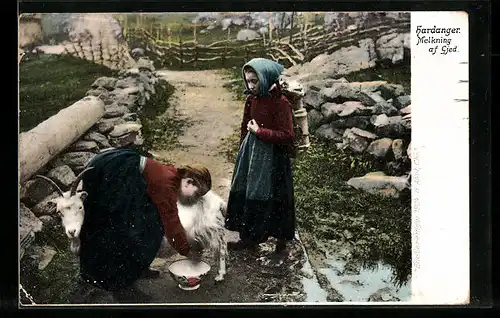 AK Hardanger, Zwei norwegische Bäuerinnen melken eine Ziege