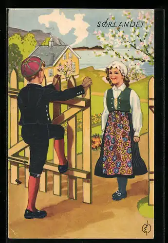 Künstler-AK Sorlandet, Norwegisches Paar am Gartentor