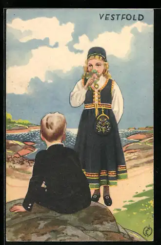 Künstler-AK Vestfold, norwegisches Paar in Tracht