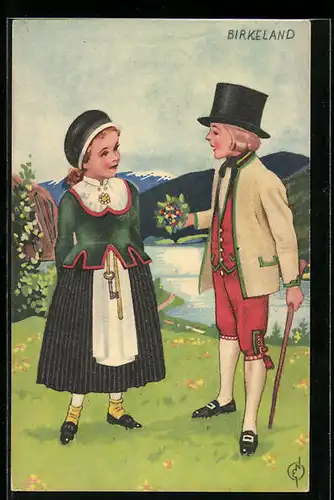 Künstler-AK Birkeland, Norweger und Norwegerin in Tracht