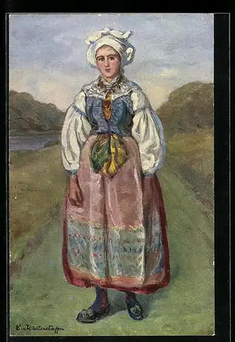 Künstler-AK Hübsche Frau in schwedischer Tracht stehend auf einem Feld