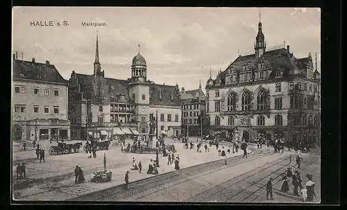 AK Halle a. S., Marktplatz und Strassenbahnen