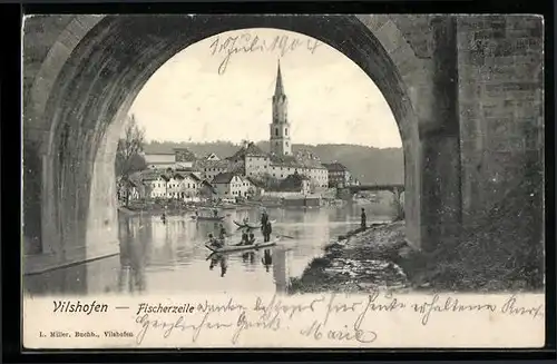 AK Vilshofen, Fischerzeile mit Kirche im Hintergrund