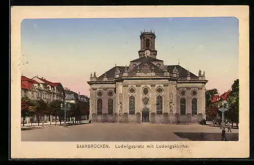 AK Saarbrücken, Ludwigsplatz mit Ludwigskirche