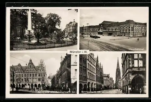 AK Münster i. W., Hauptbahnhof, Prinzipalmarkt mit Lambertikirche
