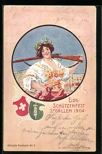 Lithographie St. Gallen, Eidg. Schützenfest 1904, Schützin mit geschultertem Gewehr, Wappen