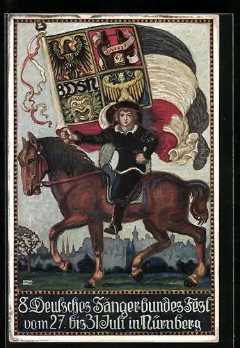 Künstler-AK Nürnberg, 8. Deutsches Sänger-Bundesfest 1912, Reiter mit Fahne