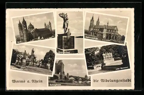 AK Worms a. Rhein, Ludwigsbrücke, Dom, Lutherdenkmal