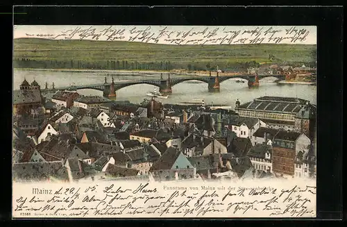 AK Mainz, Panorama von Mainz mit der Strassenbrücke