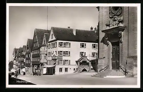 AK Hechingen, Strassenpartie mit Kirchenportal und Cafe Röcker