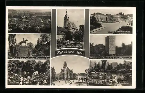 AK Zweibrücken, Alexanderkirche, Herzogsplatz mit Bismarckdenkmal, Rosengarten