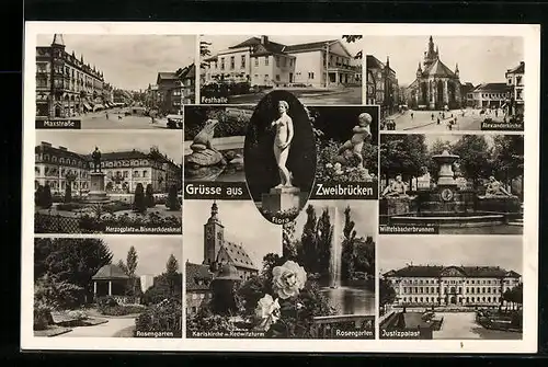 AK Zweibrücken, Festhalle, Rosengarten, Justizpalast