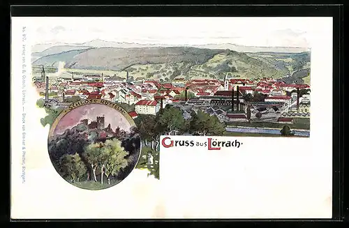 Lithographie Lörrach, Ortsansicht m. Schloss Rötteln