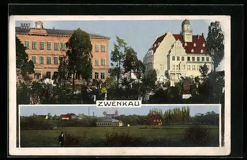 AK Zwenkau, Neues Rathaus, Schule, Panorama