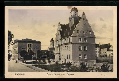 AK Zwenkau, Schule, Wasserturm u. Rathaus
