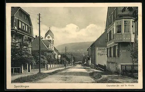 AK Spaichingen, Charlotten-Str. mit Ev. Kirche