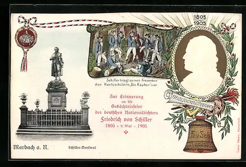 AK Marbach a. N., Schillerdenkmal und Vortrag des Stücks Die Räuber