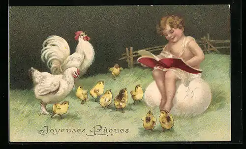 AK Ostern, Knabe mit Hahn, Henne und Küken