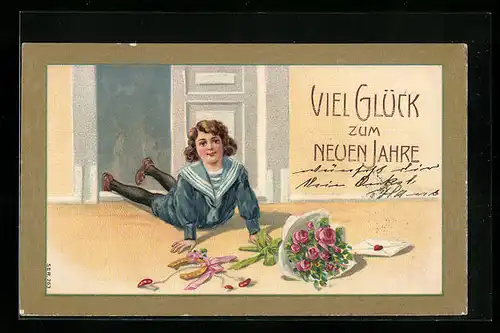 AK Mädchen stolpert ins neue Jahr, Hufeisen und Blumen