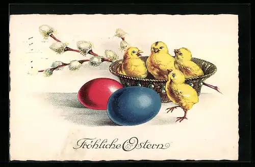 AK Osterküken im Körbchen mit Ostereiern