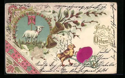 AK Osterküken mit Lamm und Glocken