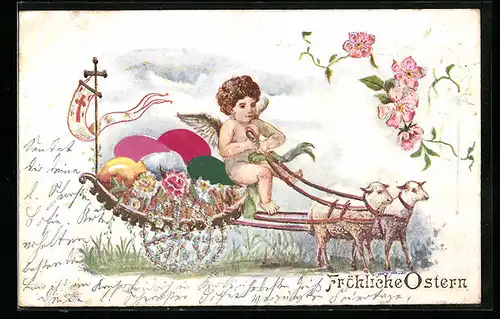 AK Osterengel auf dem Ostereier-Wagen mit Lämmern