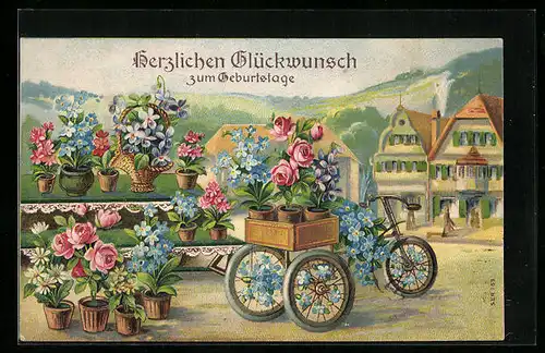 AK Blumen auf dem Fahrrad zum Geburtstag