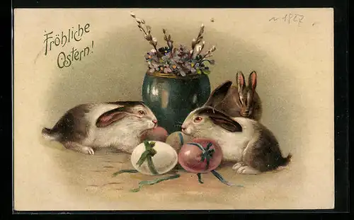 AK Osterhasen mit Ostereiern und Blumenvase
