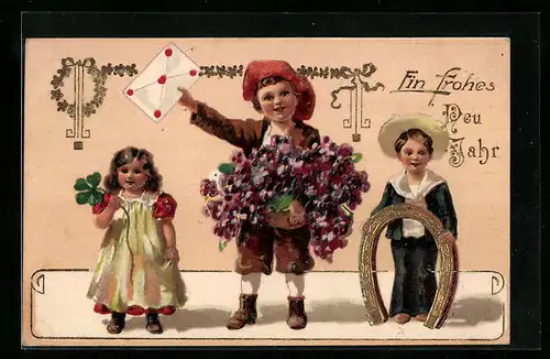 AK Kinder mit Blumen, Hufeisen und Post