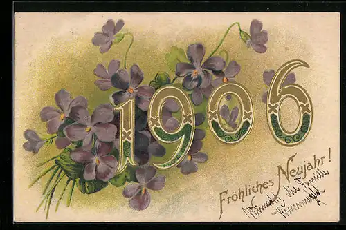 AK Jahreszahl 1906 wird von Veilchen umrahmt