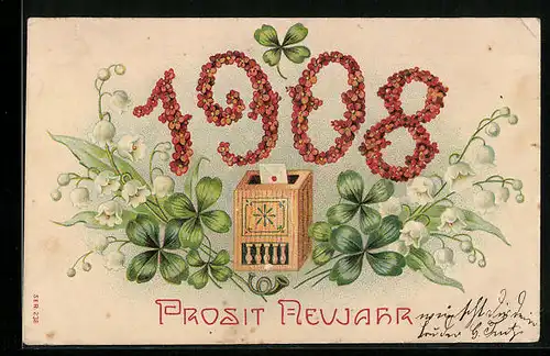 AK Jahreszahl aus Blumen mit Kleeblättern, Postkasten, Neujahrsgruss 1908