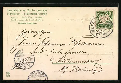 AK Junge schiebt ein Glücksschwein und Veilchen in einer Heukarre